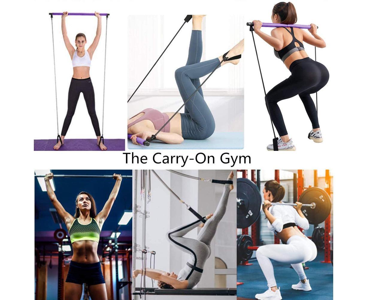 Pilates Exercise Stick Kit,Portable Compact 3-Section Yoga Resistance Bands for Legs and Butt, Pilates Bar with Foot Strap for Full Body Workout - Purple