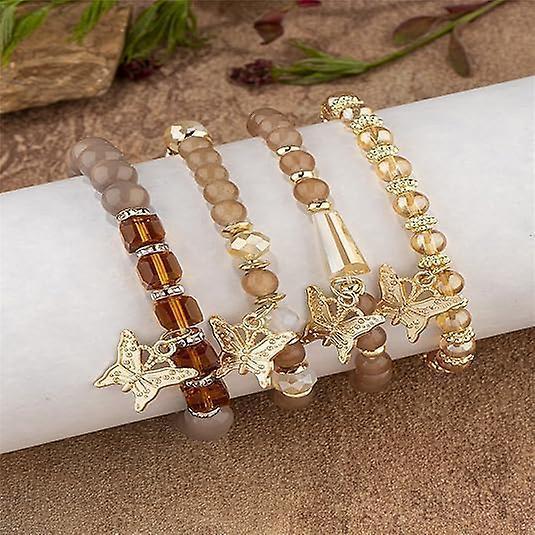 4pcs Set Bohemian Butterfly Crystal Stone Stretch Pendant Bracelets For Women Girls Gold Beaded Stackable Stretch Bracelet Colorful Charm Jewelry