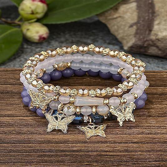 4pcs Set Bohemian Butterfly Crystal Stone Stretch Pendant Bracelets For Women Girls Gold Beaded Stackable Stretch Bracelet Colorful Charm Jewelry