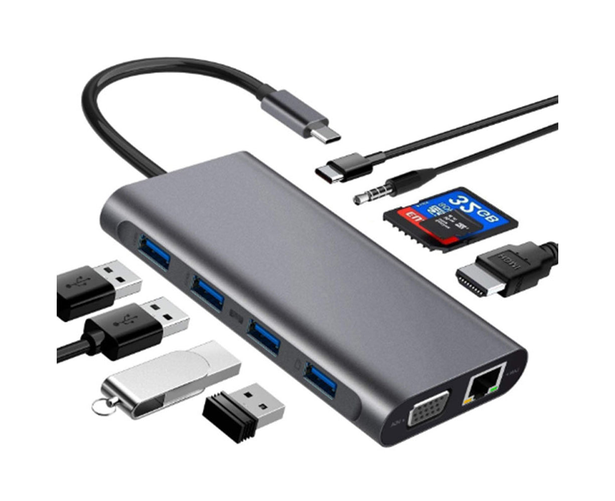 Type-c Docking Station 11 In One with Hdmi Network Card Multi-in-one Converter Usb Hub Expansion Dock for MacBook - Grey