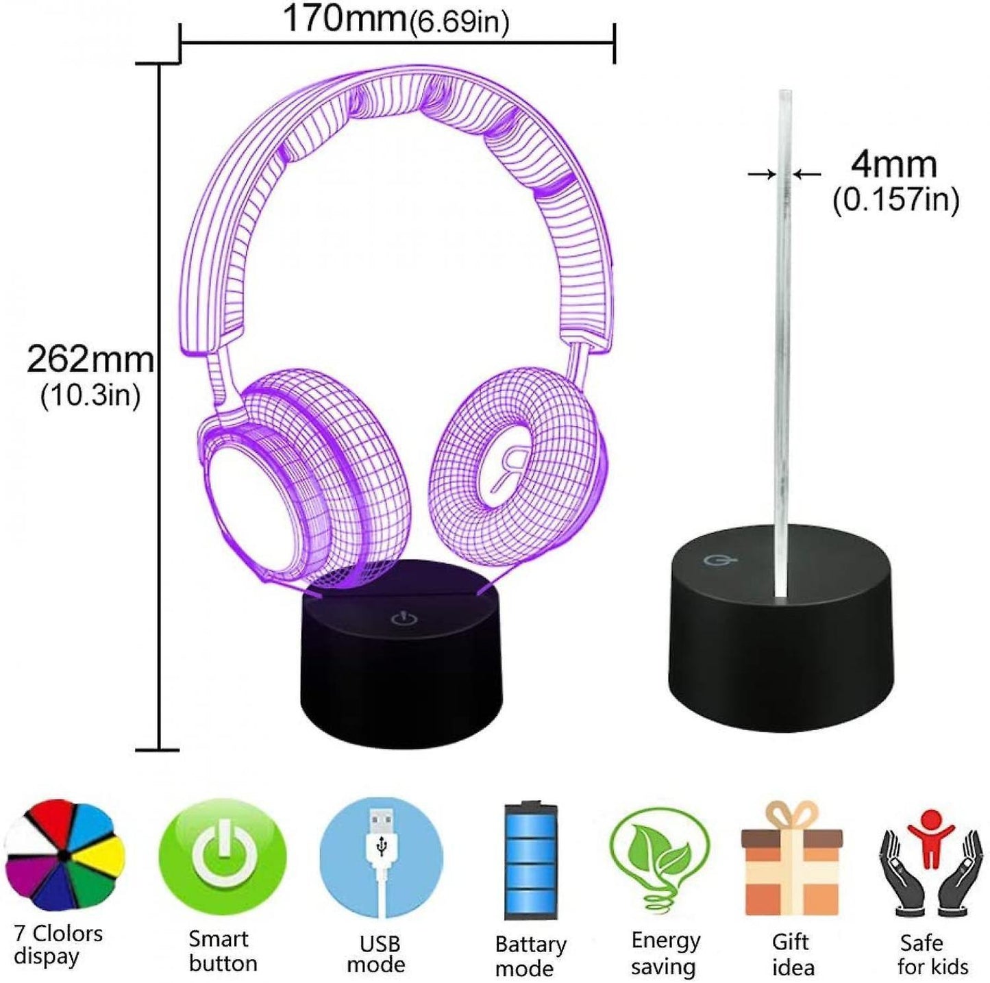 3D Illusion Headphone Headset Night Light 7 Colors