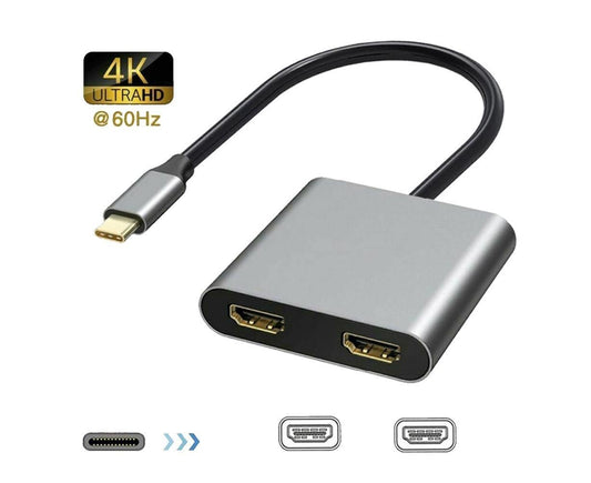 2 in1 Type C to Dual HDMI-compatible Adapter 4K Cable Cord 60HZ High Clarity Converter for Macbook - Grey