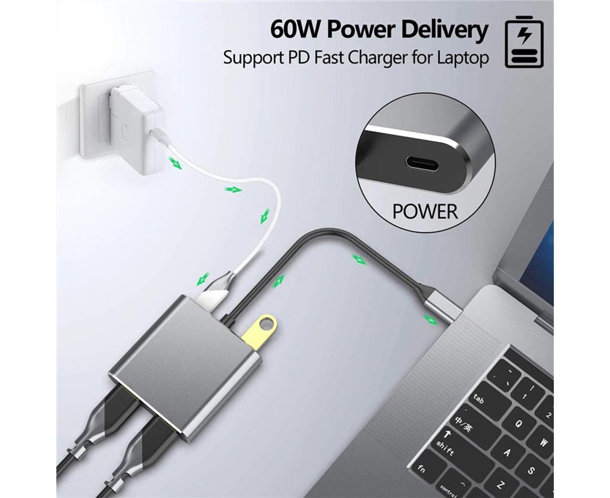 4 in1 Type C to Dual HDMI-compatible USB 3.0 4K Display Adapter Converter for MacBook Pro - Grey
