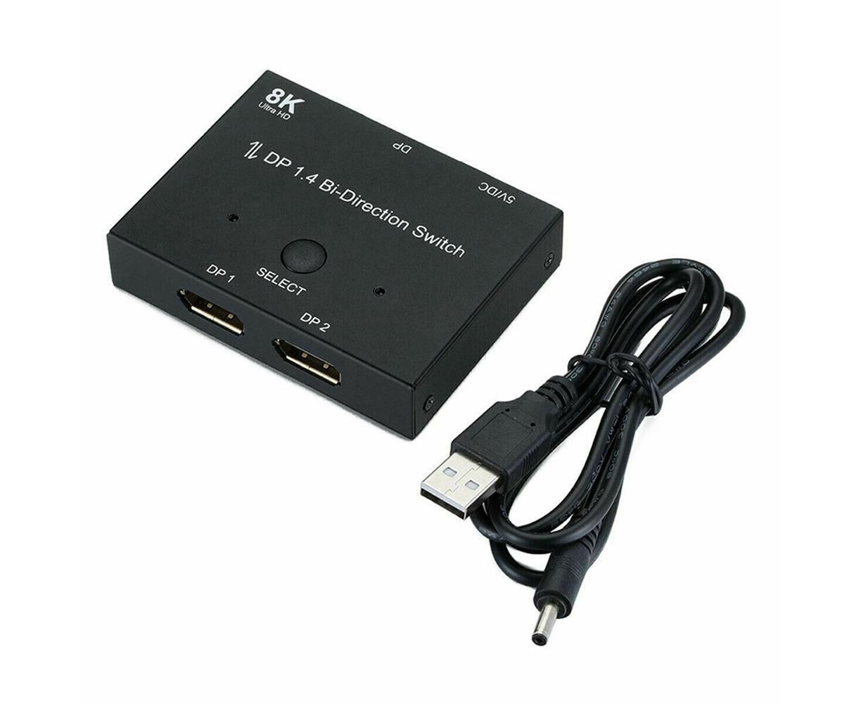 8K DP 1 In 2 Out Displayport Splitter Switch for HDTV Graphics Card Computer - Black