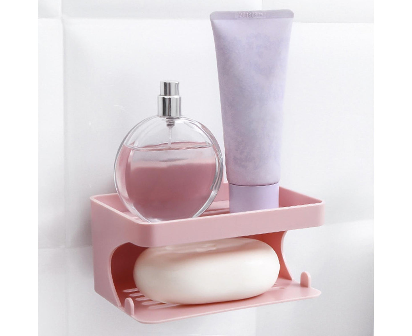 Soap Holder Double Deck Wall Mount No Punching Trace Free Non-slip Storage ABS Self Draining Soap Rack Bathroom Supplies-Pink