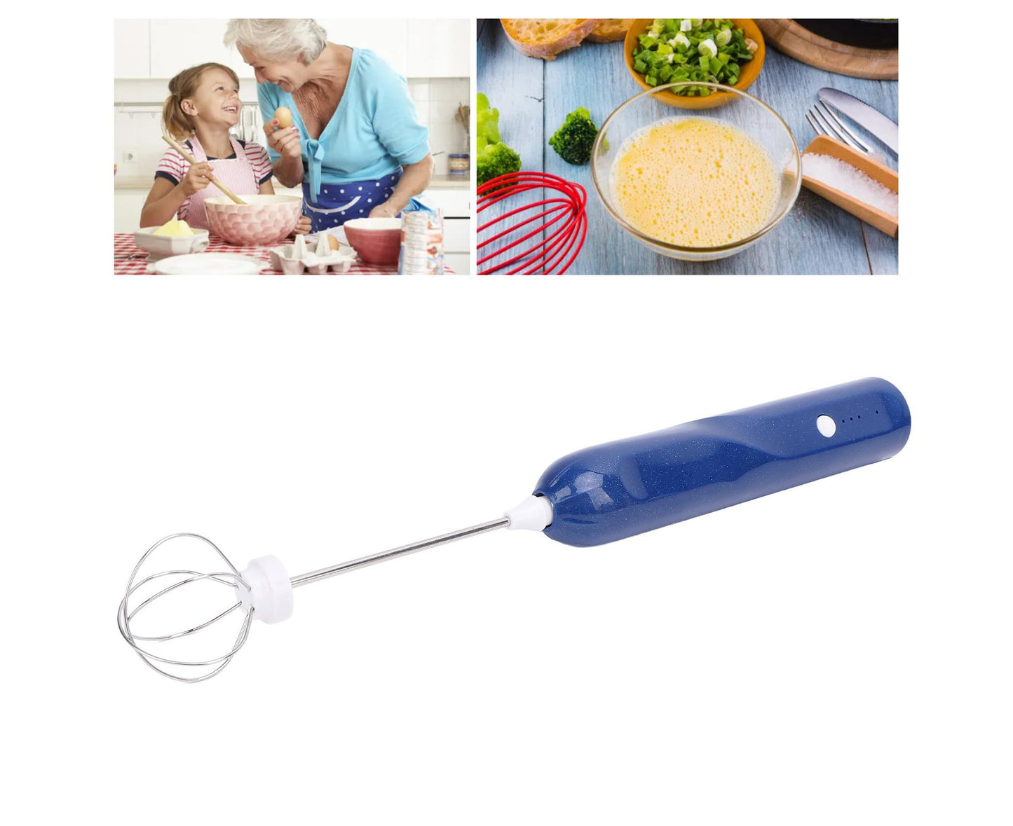 Rechargeable Milk Frother, Handheld Wand with 2 Whisk Attachments, Electric Drink Mixer & Foamer for Coffee & Egg, Blue