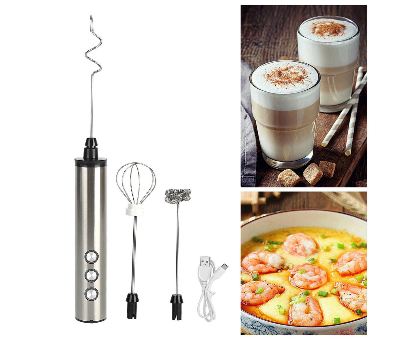 Stainless Steel Milk Frother, USB Charging, Handheld Electric Egg Beater for Home Kitchen