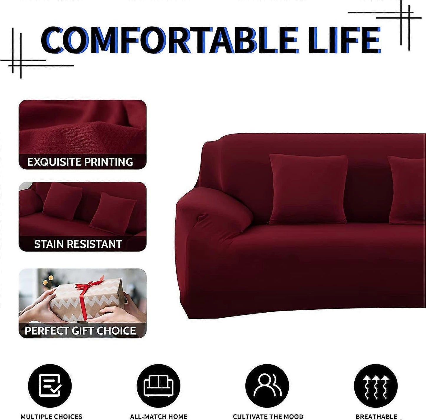 2 Seater Square Stretch Sofa Cover with Armrests and Cushion Covers