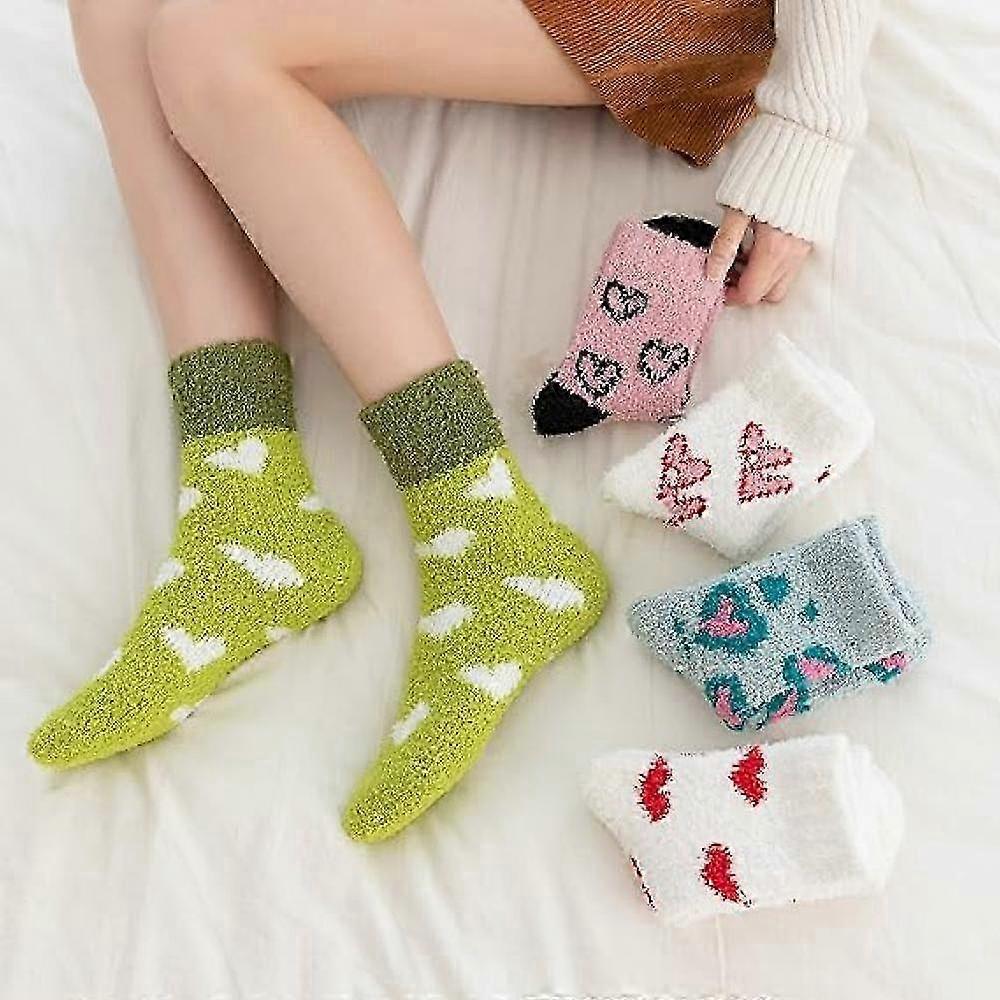 5 Pairs Fluffy Coral Fleece Socks Women's Slipper Socks Love Pattern