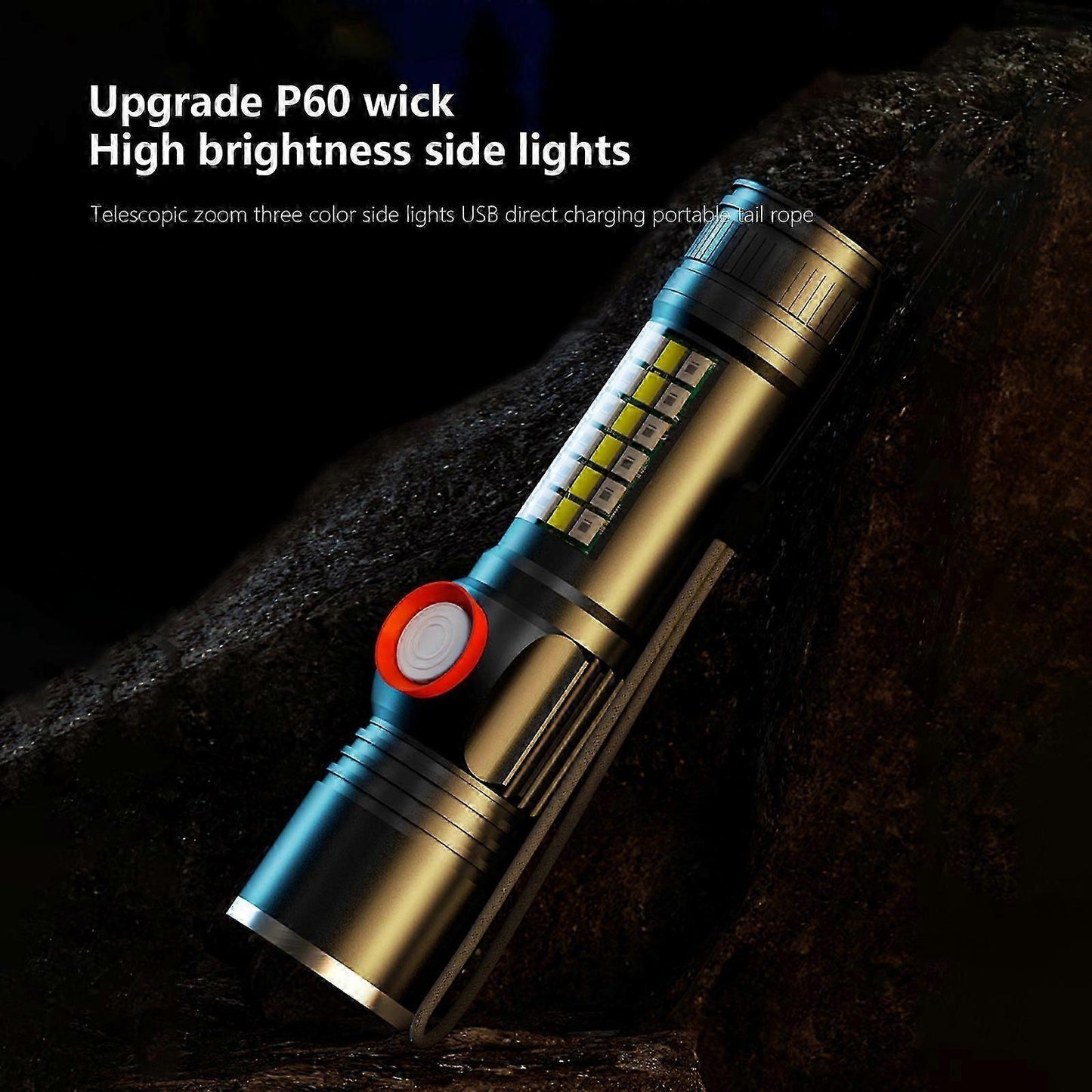 USB Rechargeable LED Flashlight with Sidelight Zoomable Mini Camping Tactical Torch