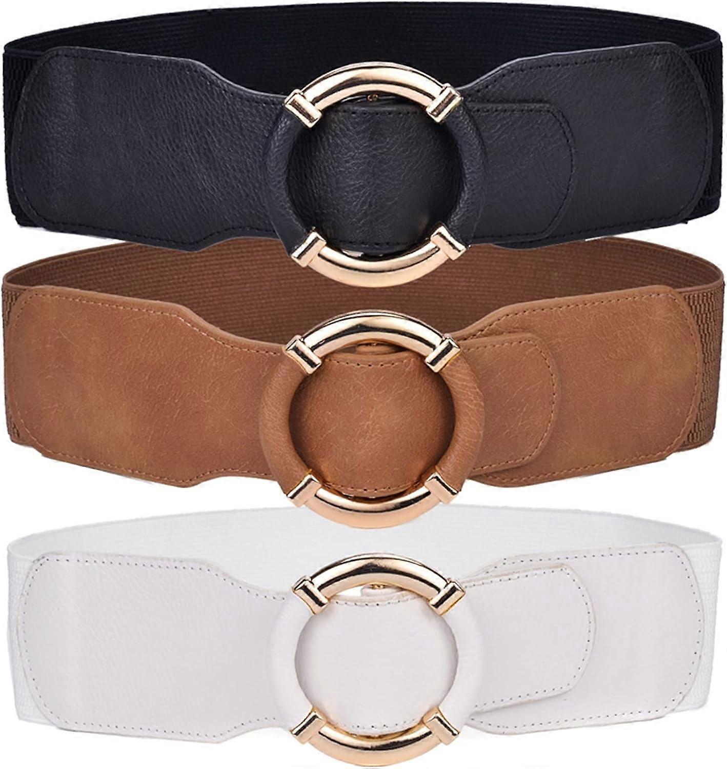 Women's Dress Elastic Wide Belt with Metal Buckle, Khaki/White/Black 90-130cm