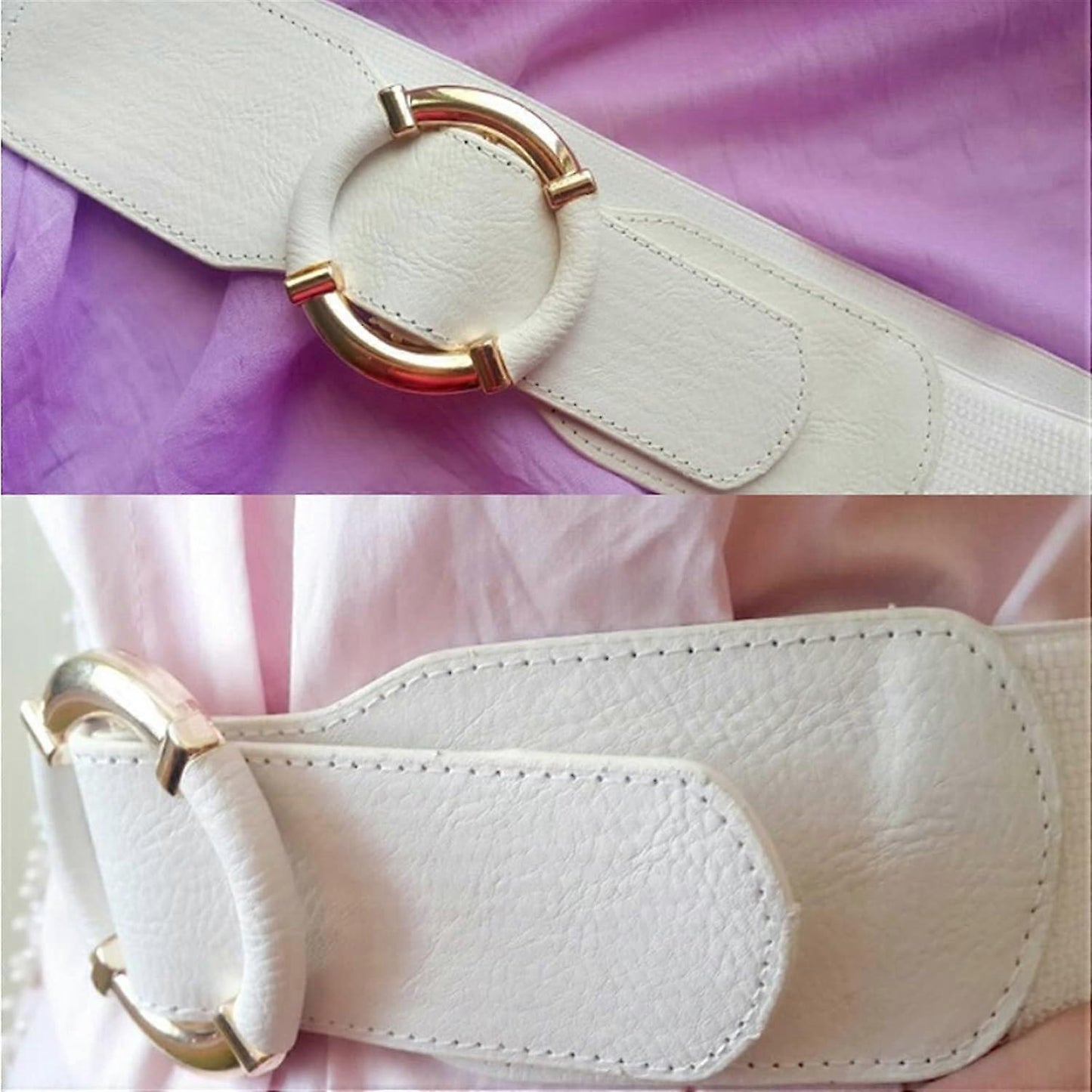 Women's Dress Elastic Wide Belt with Metal Buckle, Khaki/White/Black 90-130cm