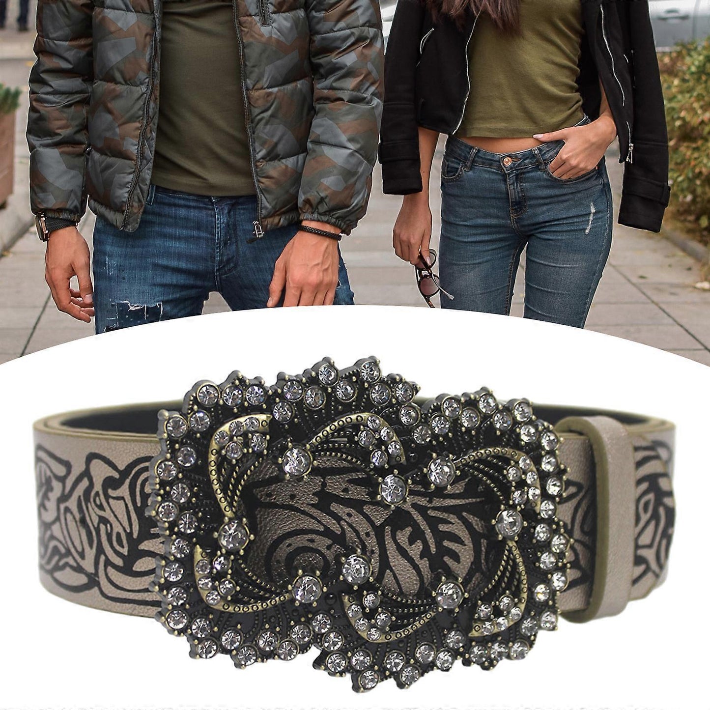 Women's Coffee Vintage Floral Embossed Leather Dress Jeans Belt