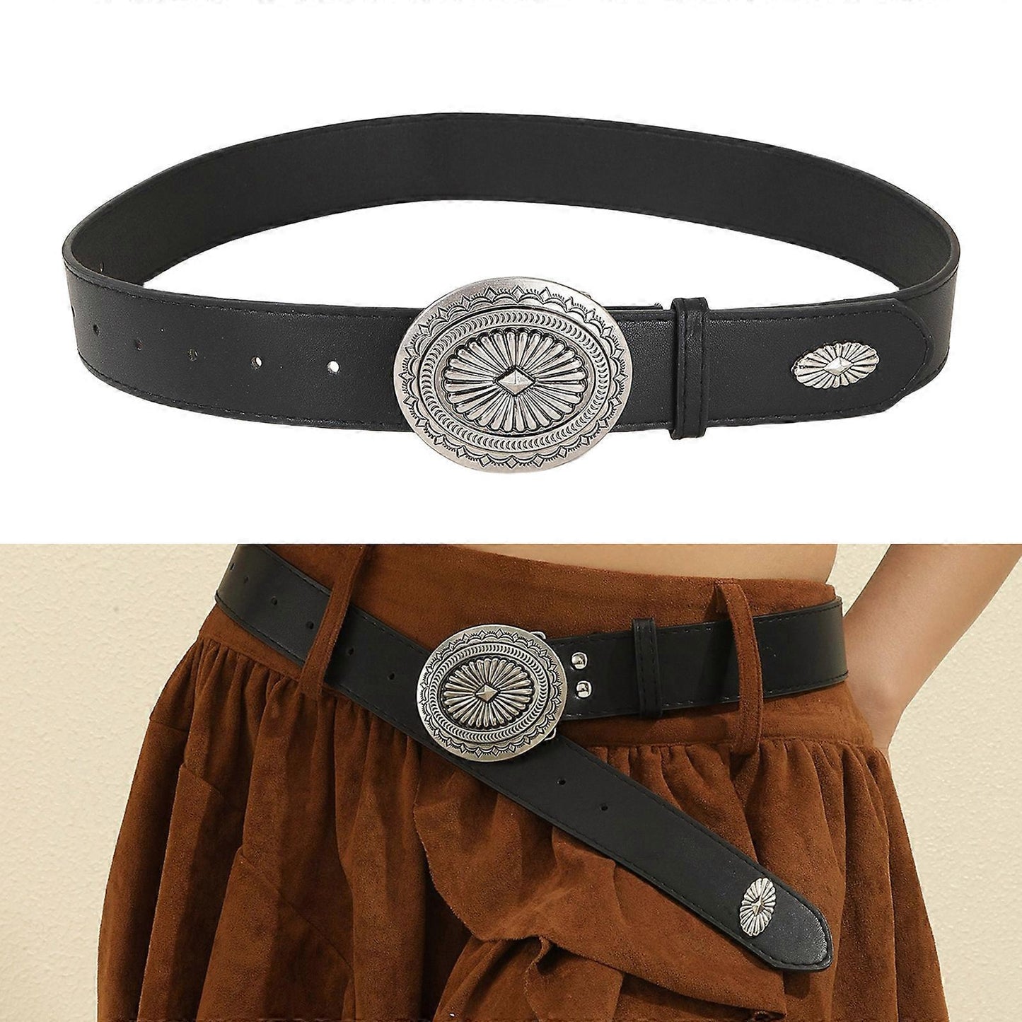 Vintage Adjustable Leather Wide Belt, Western Style with Aluminum Buckle Black