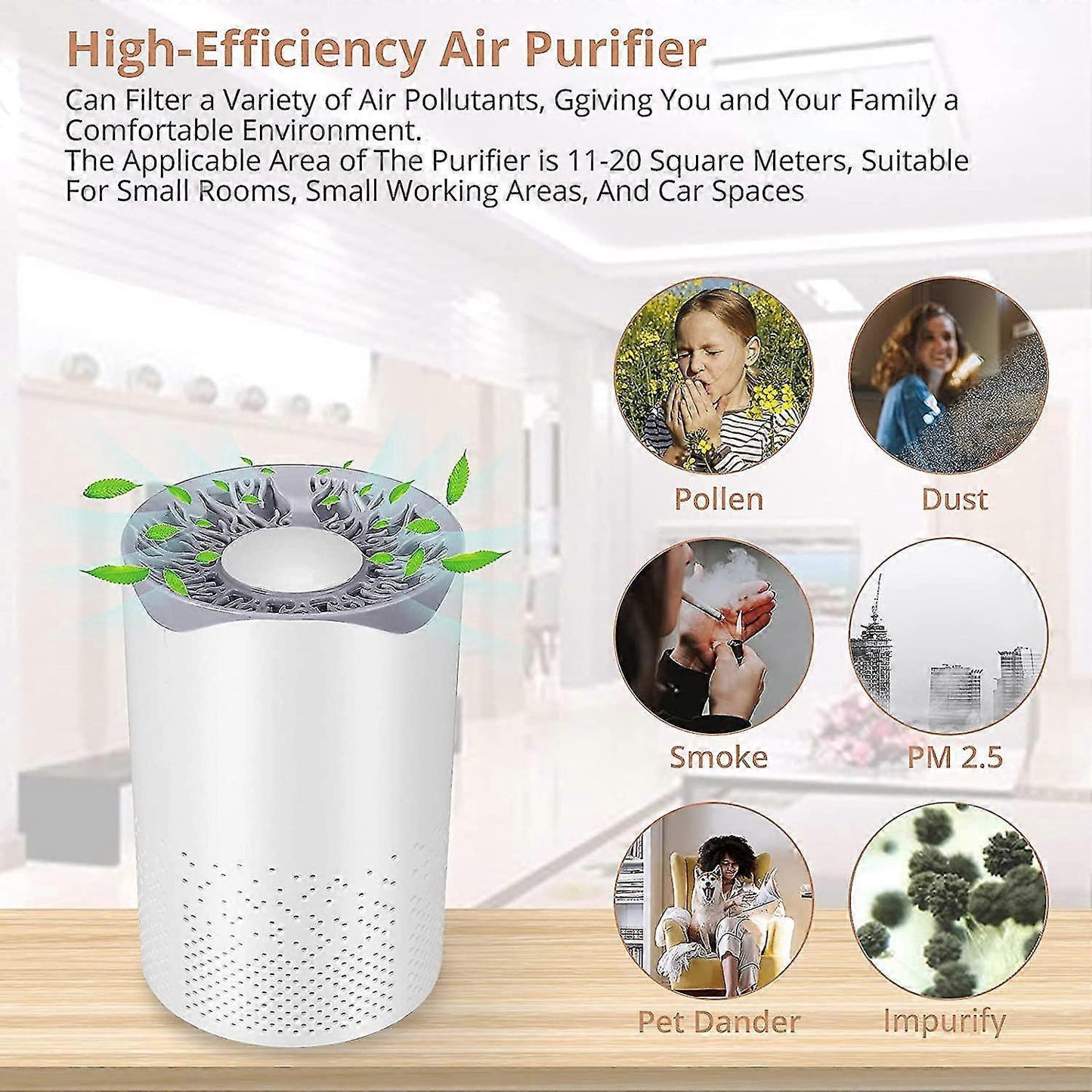 Portable HEPA Air Purifier, Quiet 35dB with 1m USB Cable