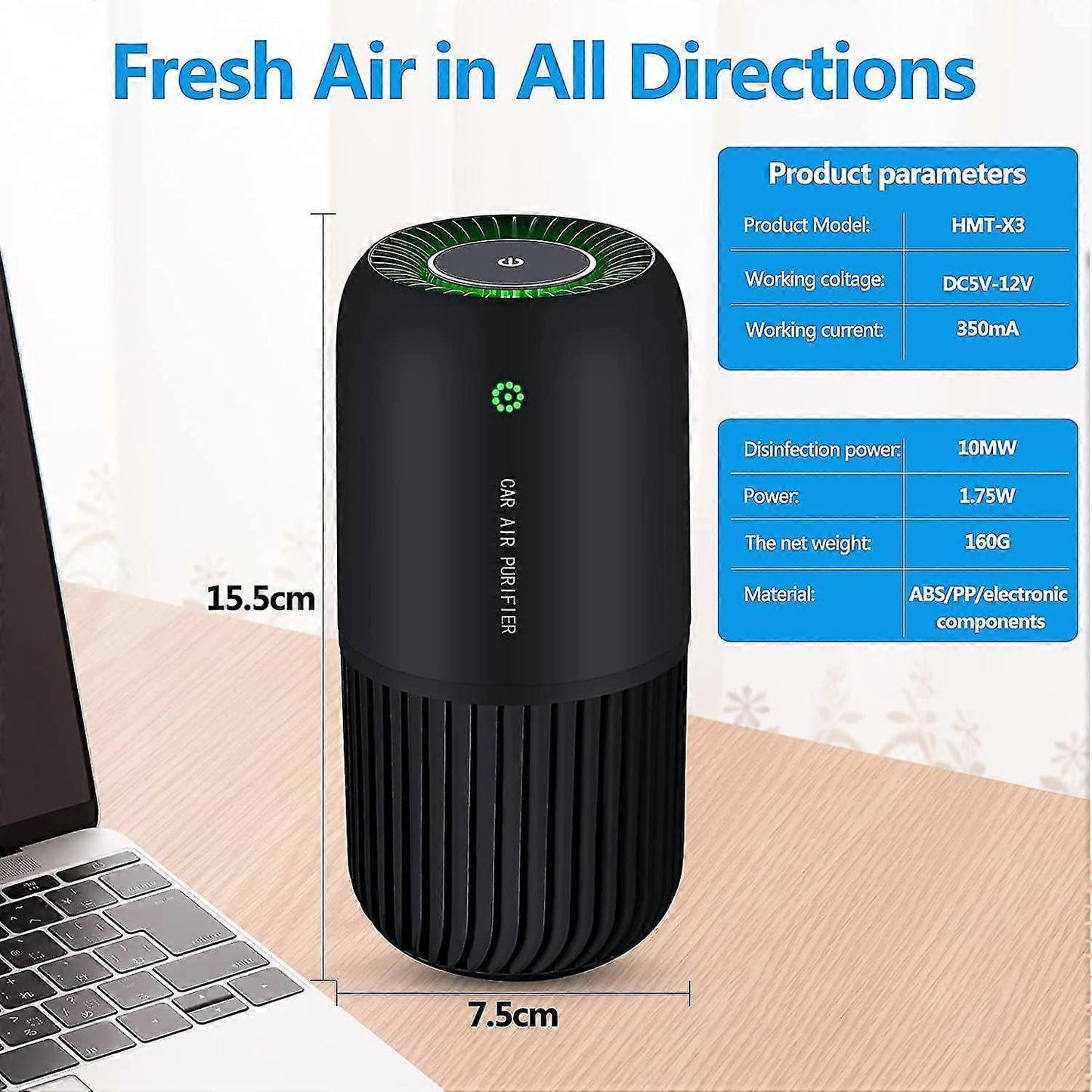 Air Purifier with Filter Removes Smoke Dust for Car & Office Use - Black