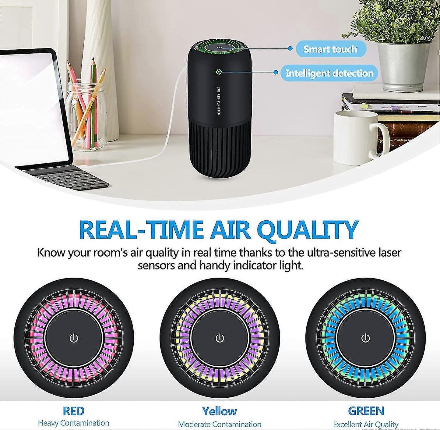 Air Purifier with Filter Removes Smoke Dust for Car & Office Use - Black