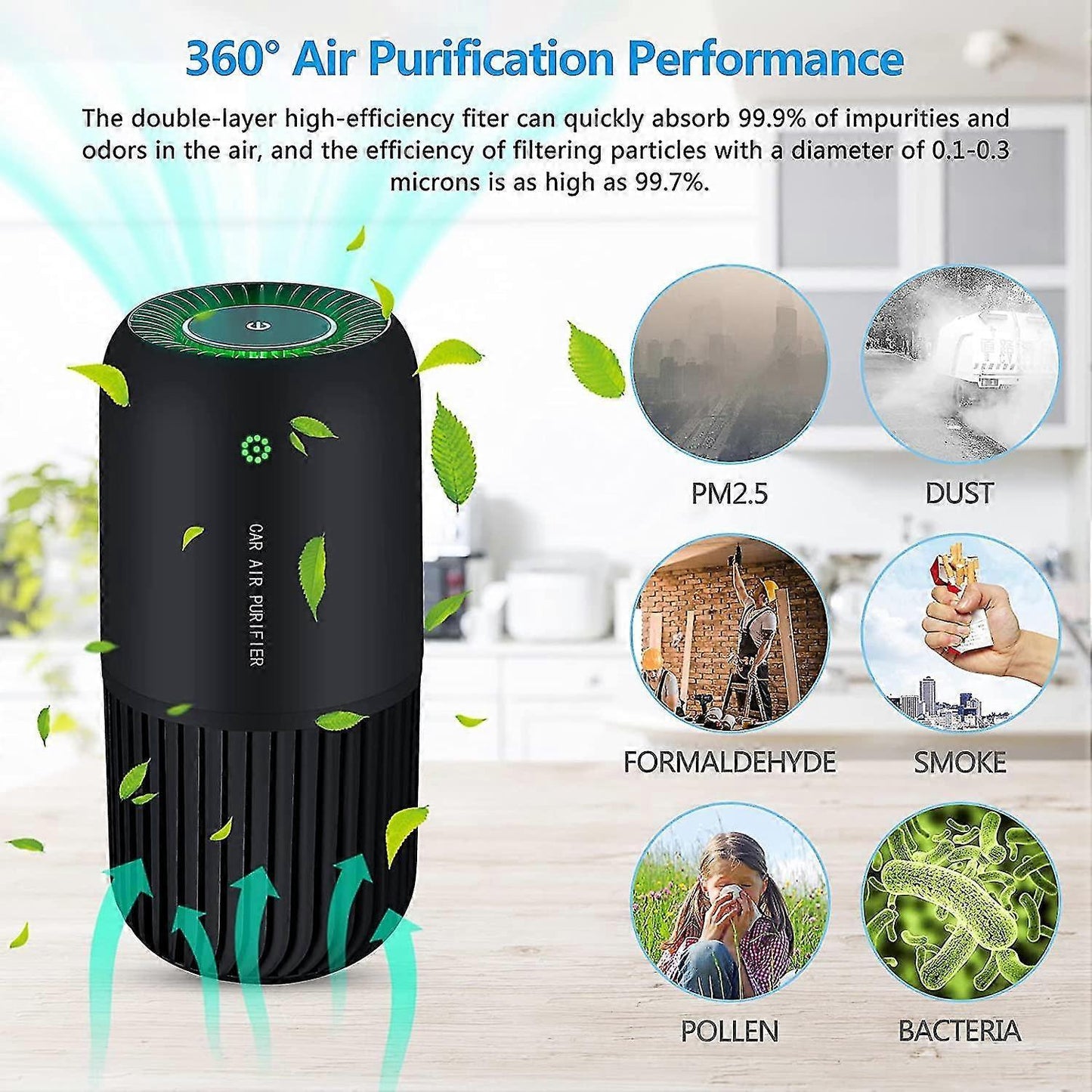 Air Purifier with Filter Removes Smoke Dust for Car & Office Use - Black