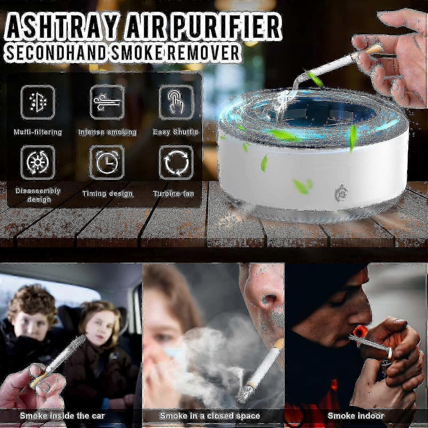 Smokeless Ashtray Air Purifier with Negative Ion for Car & Home Use
