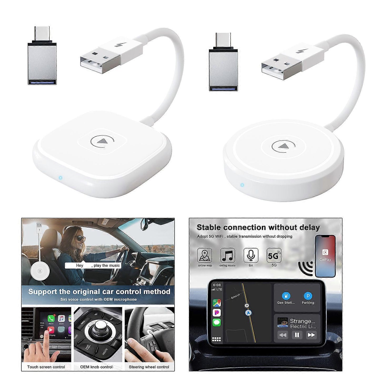 Lightweight Wireless CarPlay Adapter, Portable Wired to Wireless Converter