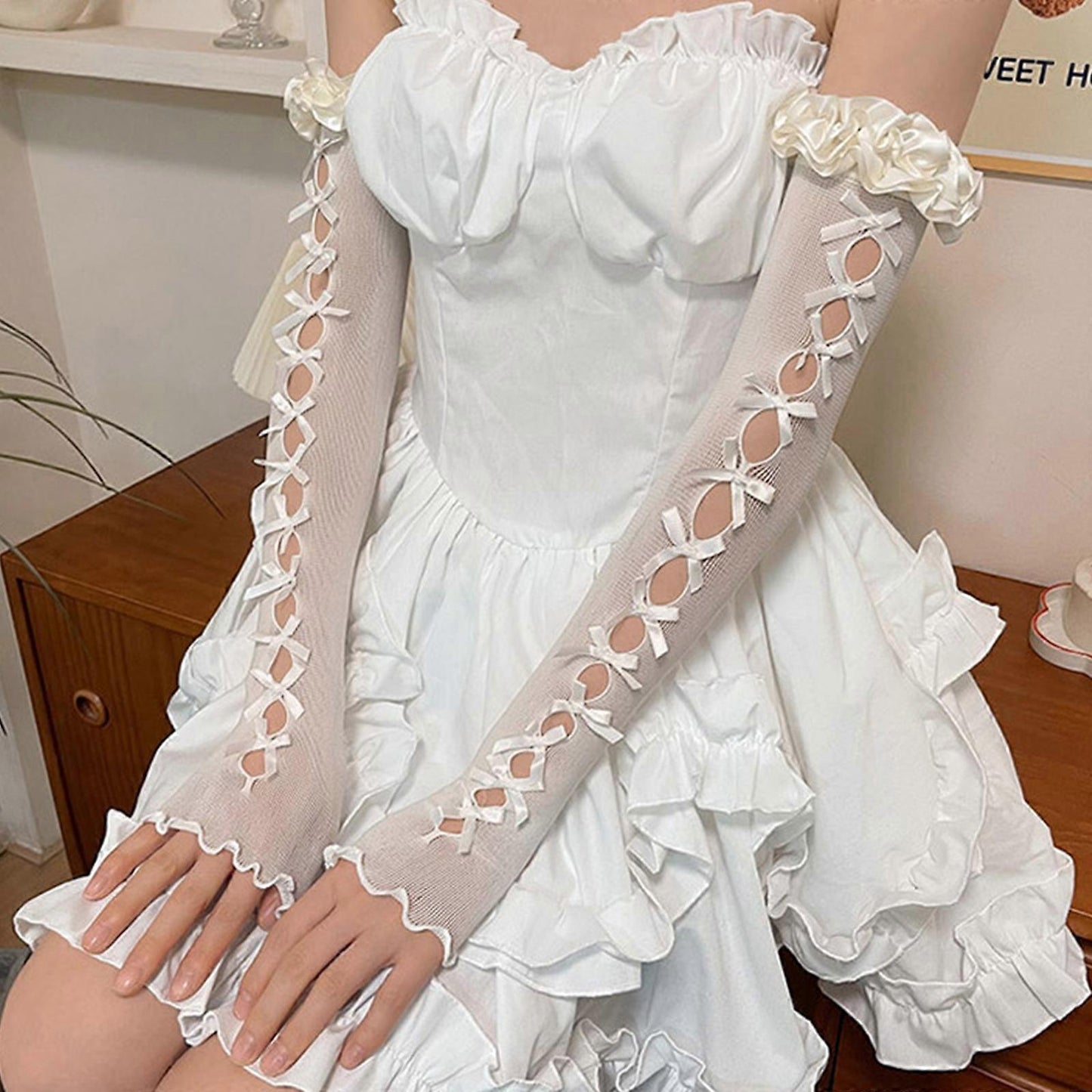 Lolita Arm Sleeves Fingerless Long Gloves Y2K JK Warmers White