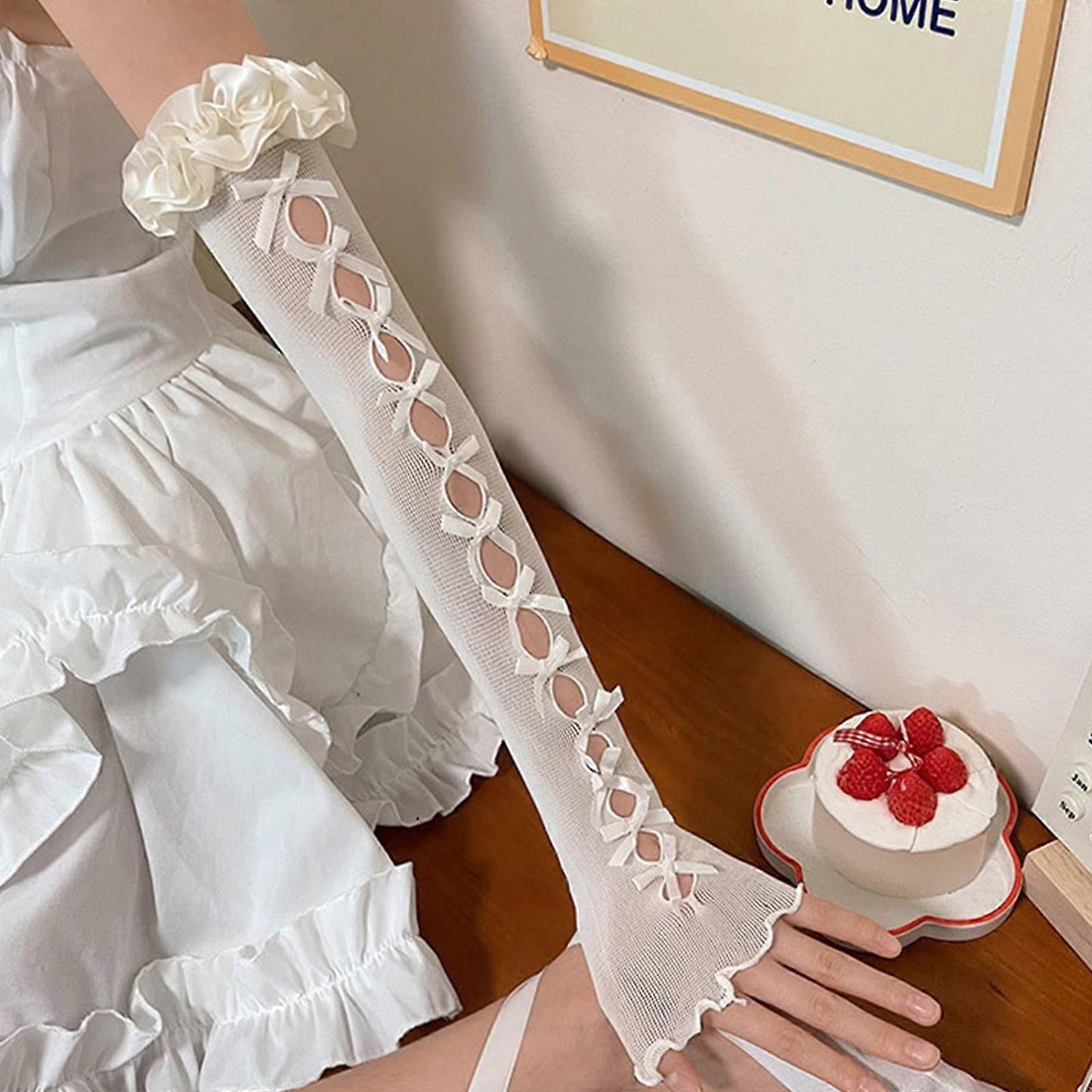 Lolita Arm Sleeves Fingerless Long Gloves Y2K JK Warmers White