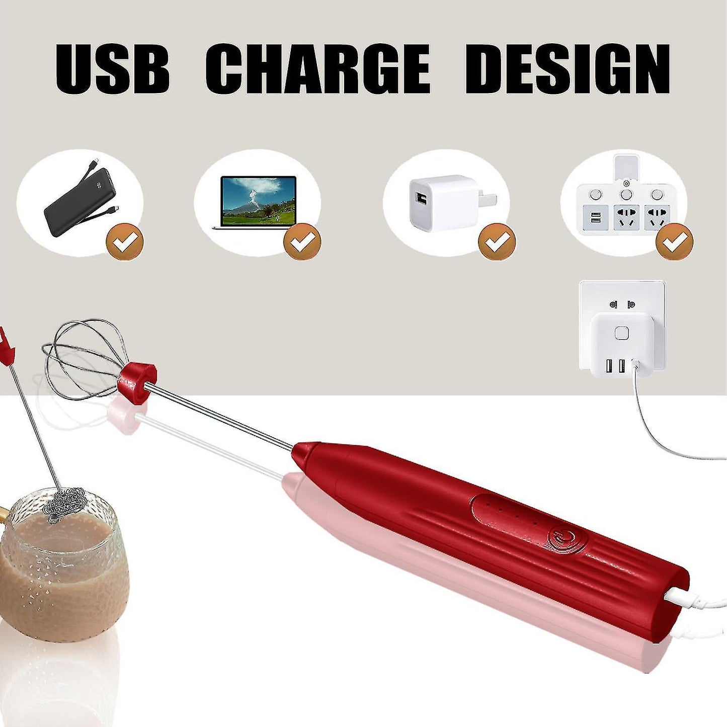 USB Rechargeable Handheld Milk Frother 2-in-1 Whisk Coffee Foam Maker