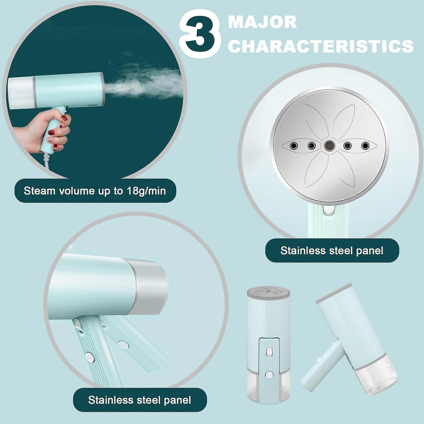800W Foldable Handheld Travel Clothes Steamer 4.7oz Tank Quick Steam Green