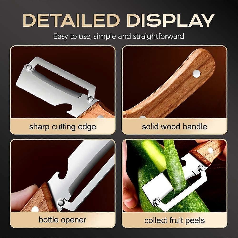 Vegetable Peeler with Bottle Opener - Razor-Sharp Stainless Blade, Ergonomic Wooden Handle