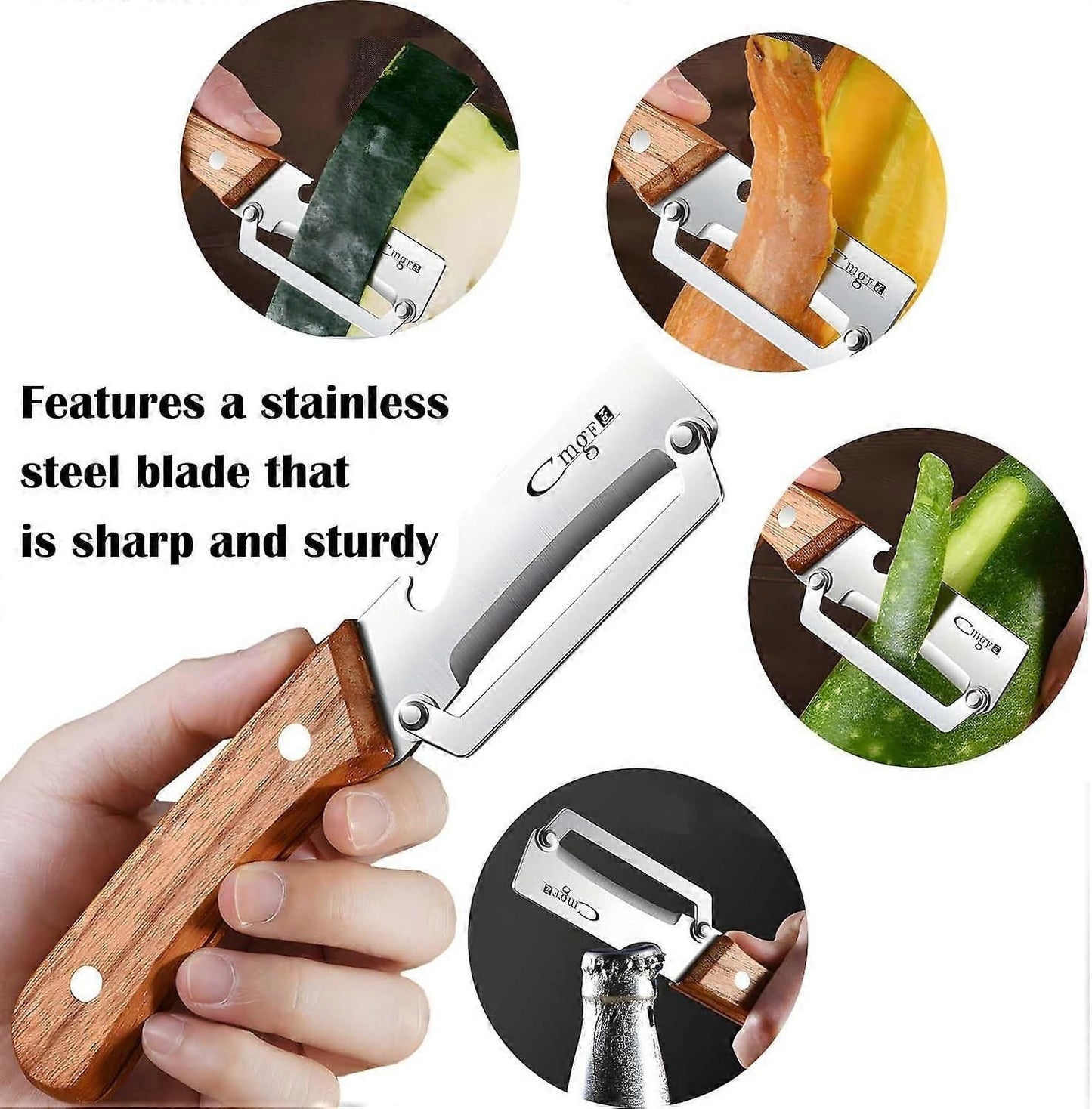 Stainless Steel Vegetable Peeler with Wooden Handle - Sharp Blade & Bottle Opener