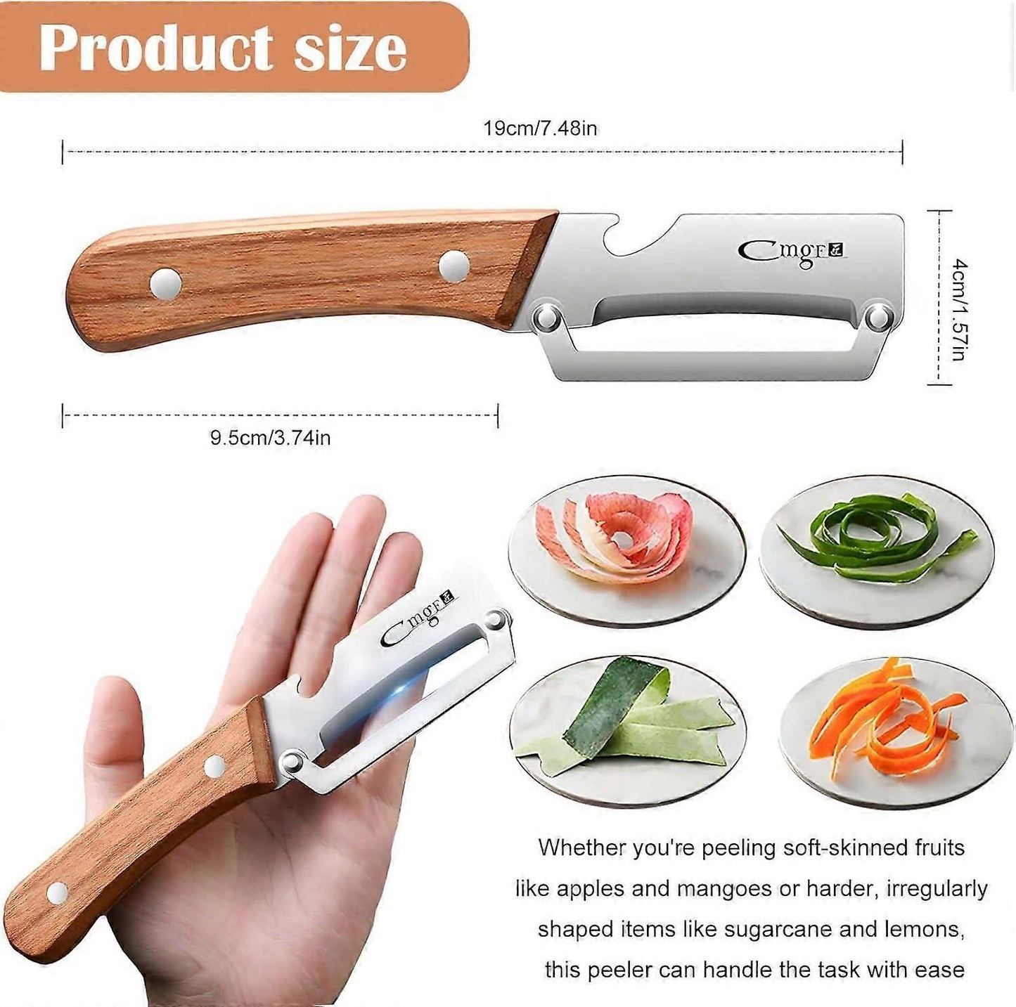 Stainless Steel Vegetable Peeler with Wooden Handle - Sharp Blade & Bottle Opener