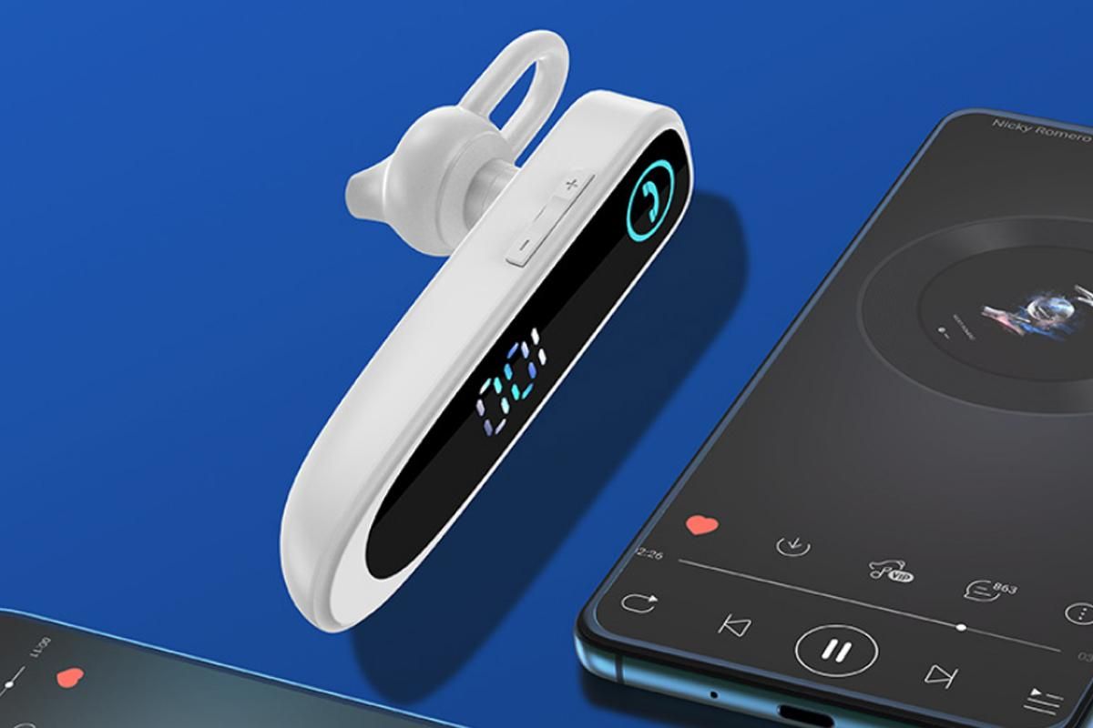 Bluetooth Earphone Single Ear Business Earbuds Ear Hook Super Long Standby IPX7 Waterproof Single Business Driver Wireless Headset -White