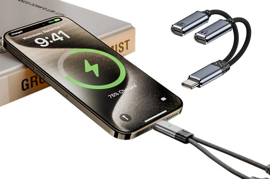 2 In 1 Audio Charger Splitter Dual USB C Headphone And Charger Adapter Audio Dongle Cable - Grey