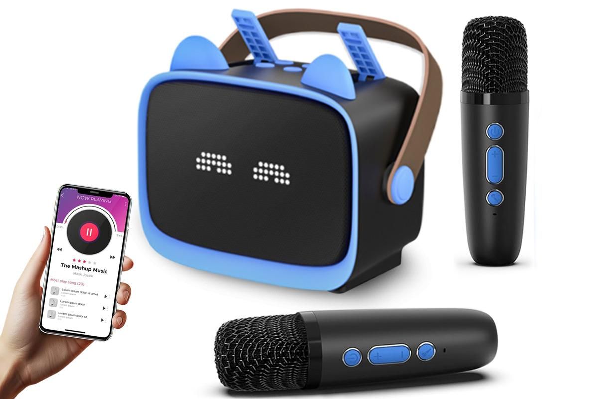 Mini Karaoke Machine Toys Gifts Portable MP3 Player with 2 Wireless Microphone - Blue