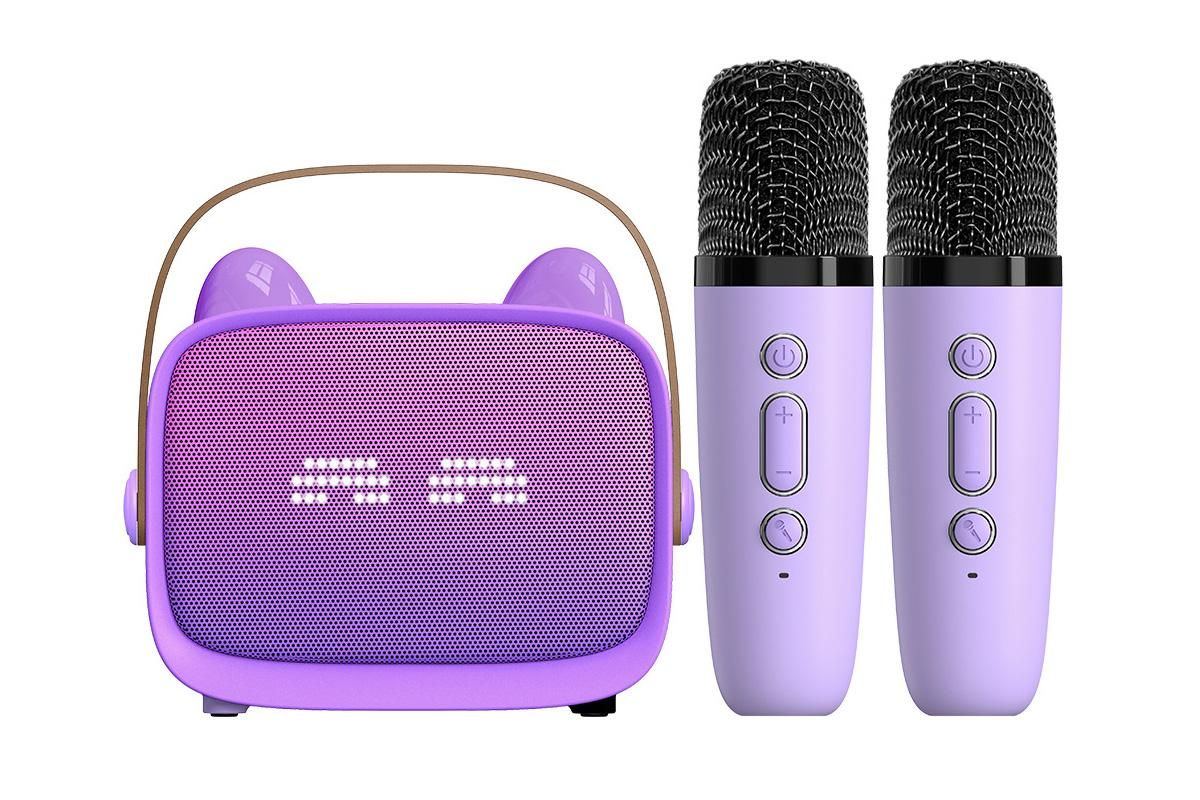 Mini Karaoke Machine Toys Gifts Portable MP3 Player with 2 Wireless Microphone - Purple