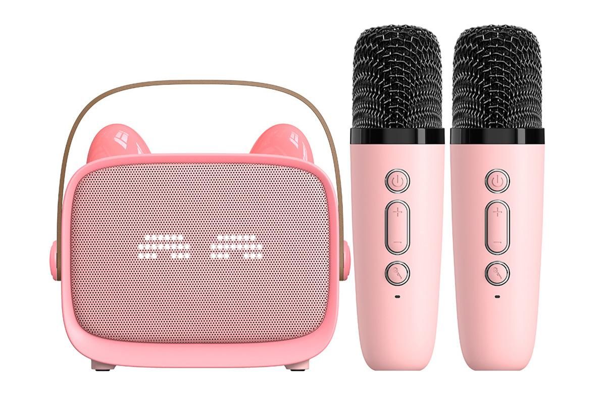 Mini Karaoke Machine Toys Gifts Portable MP3 Player with 2 Wireless Microphone - Pink