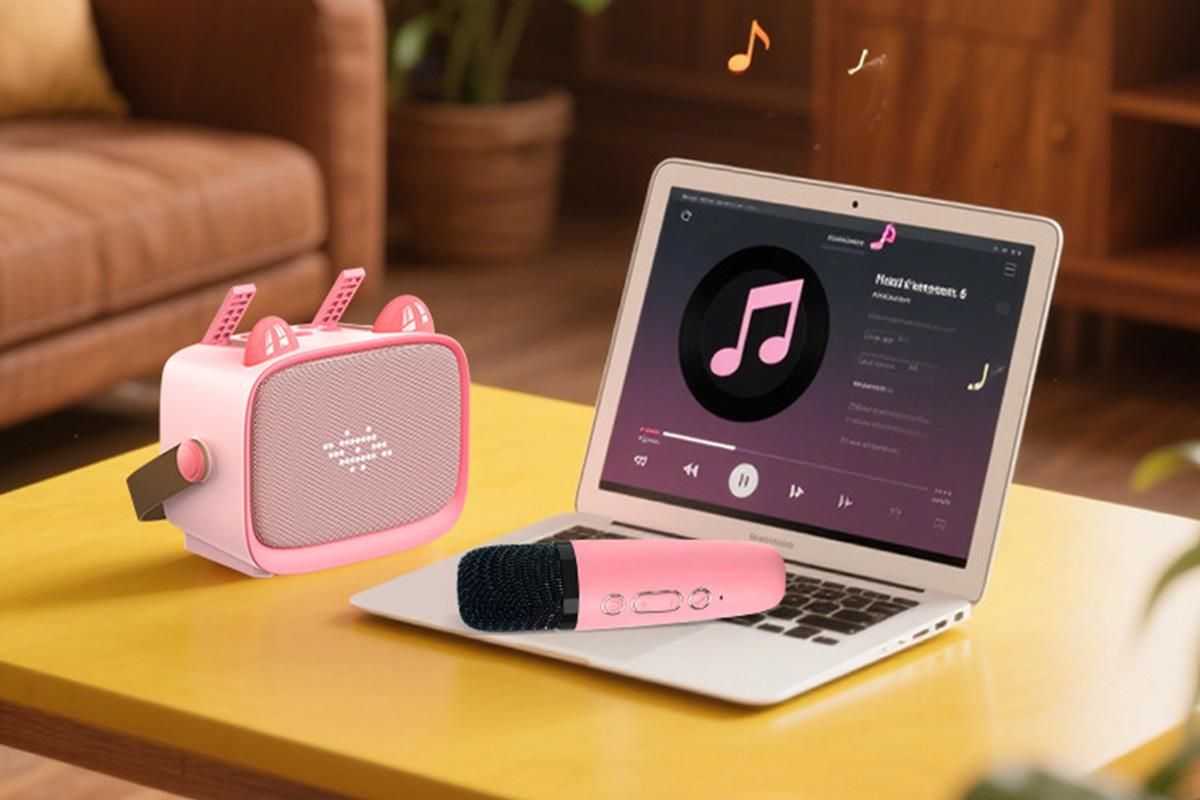 Mini Karaoke Machine Toys Gifts Portable MP3 Player with 2 Wireless Microphone - Pink