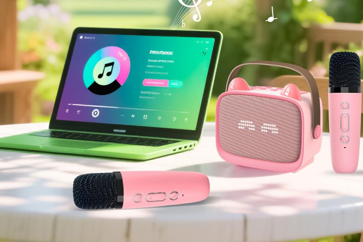 Mini Karaoke Machine Toys Gifts Portable MP3 Player with 2 Wireless Microphone - Pink