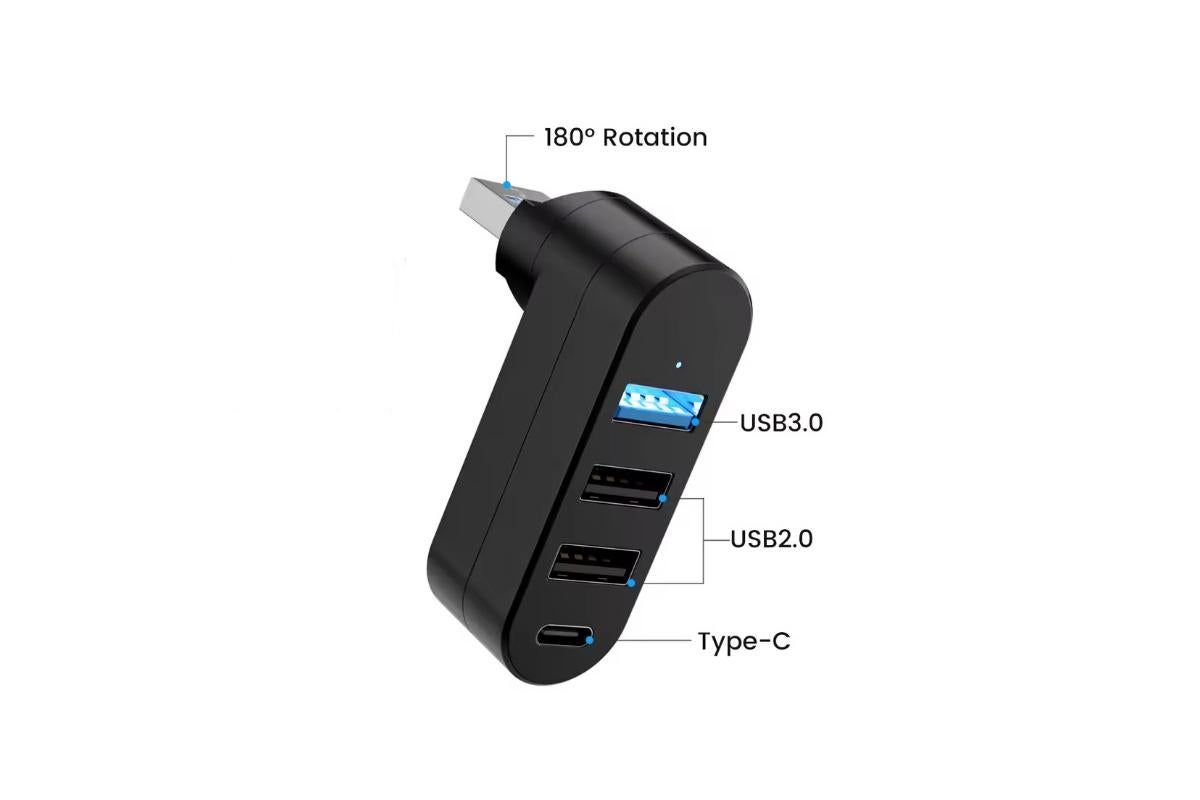4 Port USB Hub Rotatable 180 Degrees USB Splitter with Type-C for Laptop - Black
