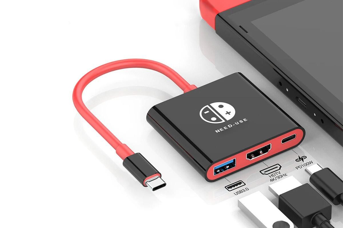 3-in-1 Portable TV Dock with 4K HDMI USB 3.0 100W Travel Adapter Dock for Nintendo Switch OLED TV Docking Station -Black&Red