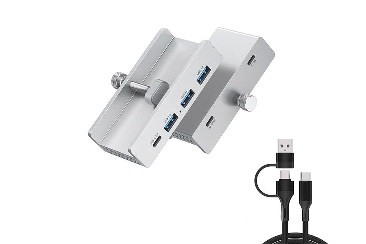 USB Hub 3.0 Aluminum 4-Port USB Adapter with 3 USB-A Data Ports for Monitors Desks - Silver
