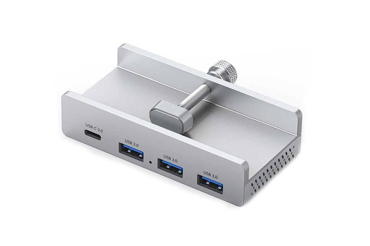 USB Hub 3.0 Aluminum 4-Port USB Adapter with 3 USB-A Data Ports for Monitors Desks - Silver
