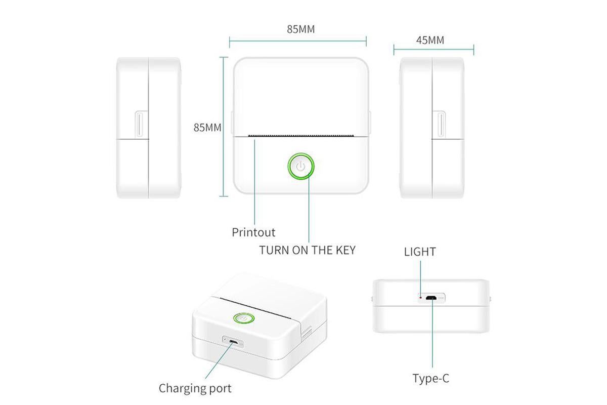 Thermal Mini Printer Mini Pocket Wireless Thermal Printer Bluetooth Photo Inkless Sticker Printer Compatible with iOS&Android - White