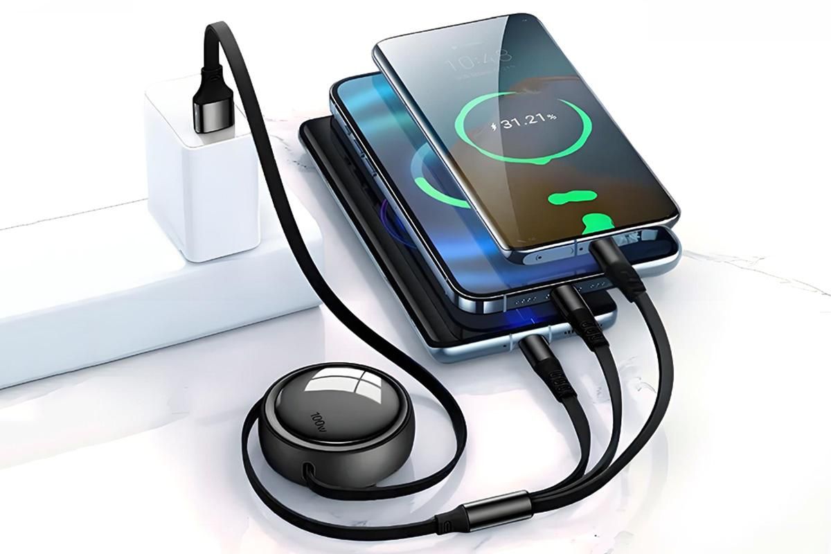 3 In 2 Retractable Multi Charging Cable Retracted USB C Cell Phone Charger