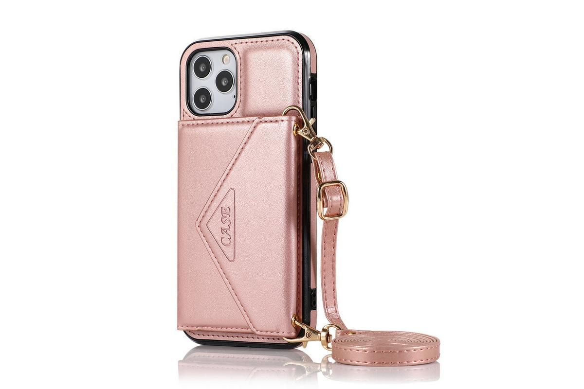 PU Leather Crossbody Phone Case Cover Wallet Card Holder for iPhone 13 Series -Rose Gold /iPhone13 6.1