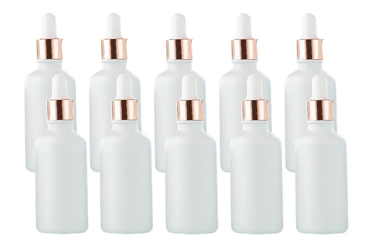 10 Pack Glass Dropper Bottles Rose Gold Caps for Essential Oils - 50ml