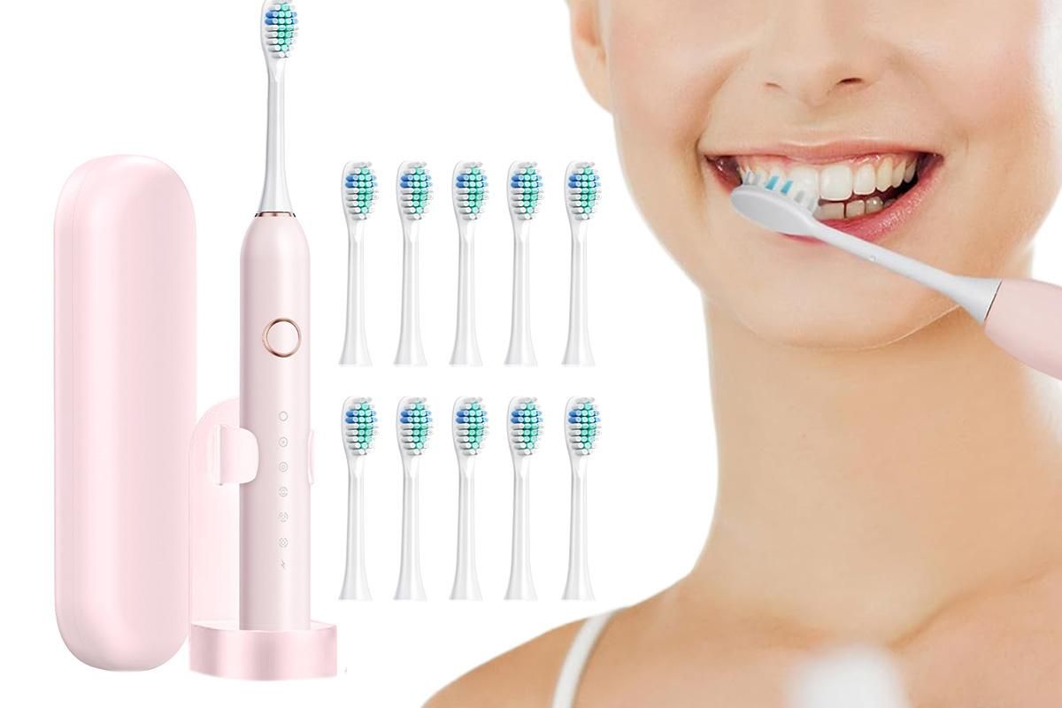 Electric Toothbrush for Adults Powerful Sonic Toothbrush 6 Modes with 4 Replacement Brush Heads - Pink