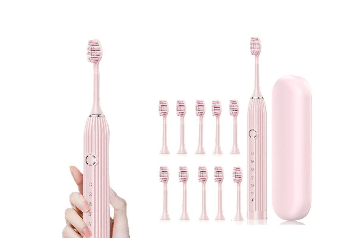 Electric Toothbrush with 10 Brush Heads and Travel Case Rechargeable Toothbrush Sets -Pink
