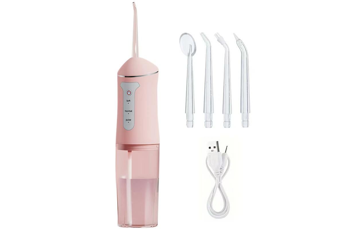 Cordless Portable Electric Water Flosser Teeth Cleaner Floss Irrigator With 4 Jet Tips - Pink