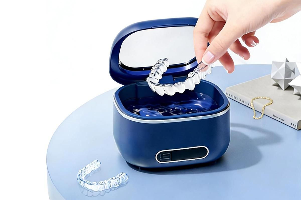 Ultrasonic Retainer Cleaner Machine 50kHz Ultrasonic Dentures Cleaner for Night Guards Braces Aligner Toothbrush Jewelry and More - Beige